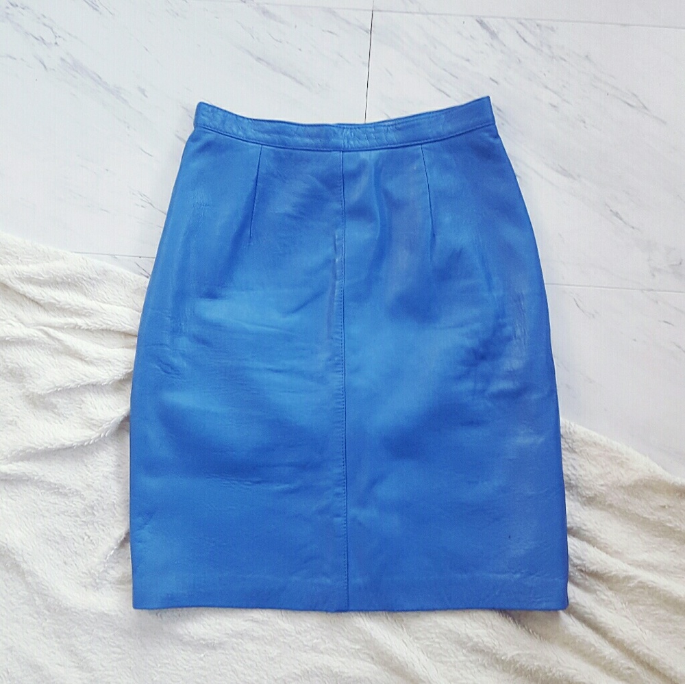 Vtg 80s Cobalt Blue Leather Pencil Skirt
